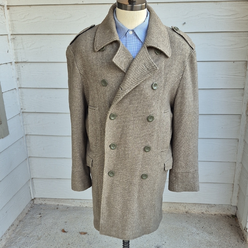 ALPHA INDUSTRIES Olive Beige Weave Wool Blend Large Mens Military Peacoat Coat - Picture 1 of 11